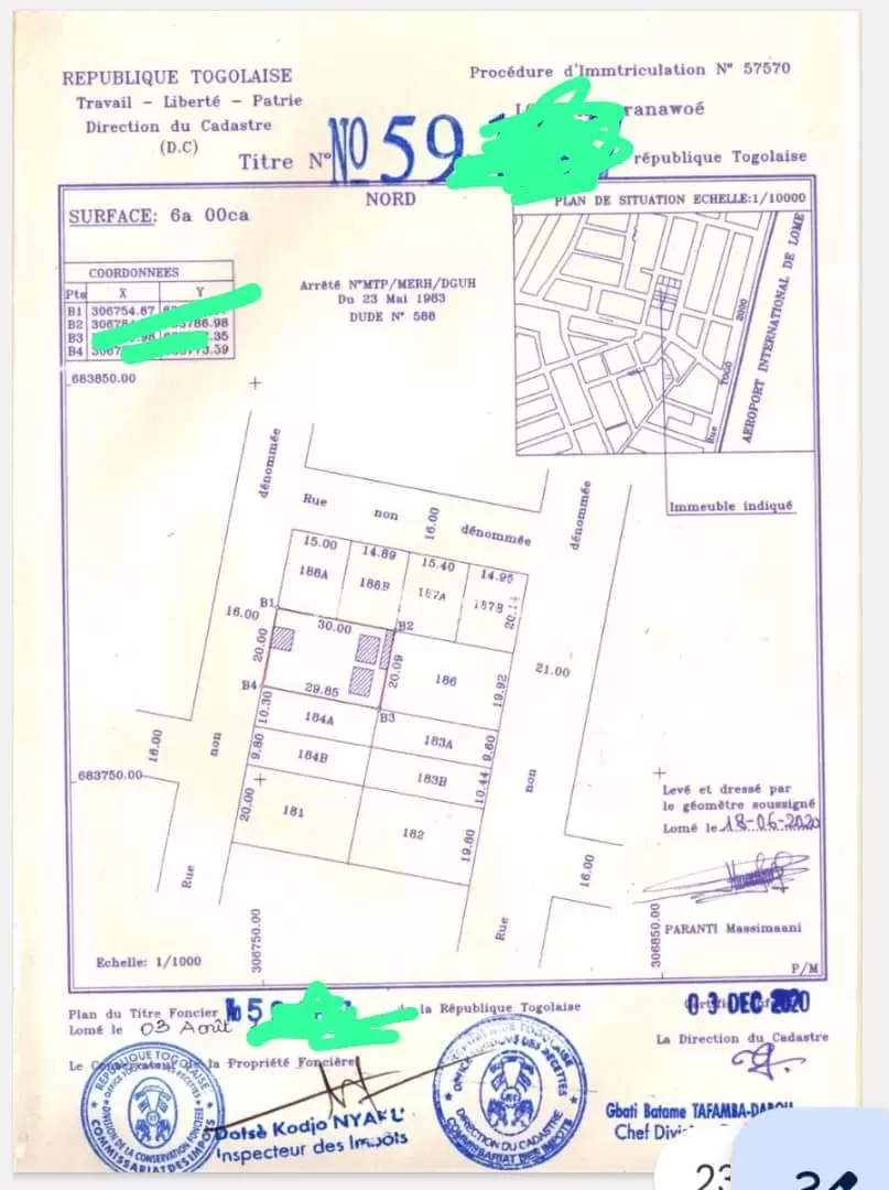 Je mets en vente une parcelle de terrain un lot separé en 2 derrière la maison El hadj avec titre foncier non loin loin de l’aéroport et togo2000 lome togo