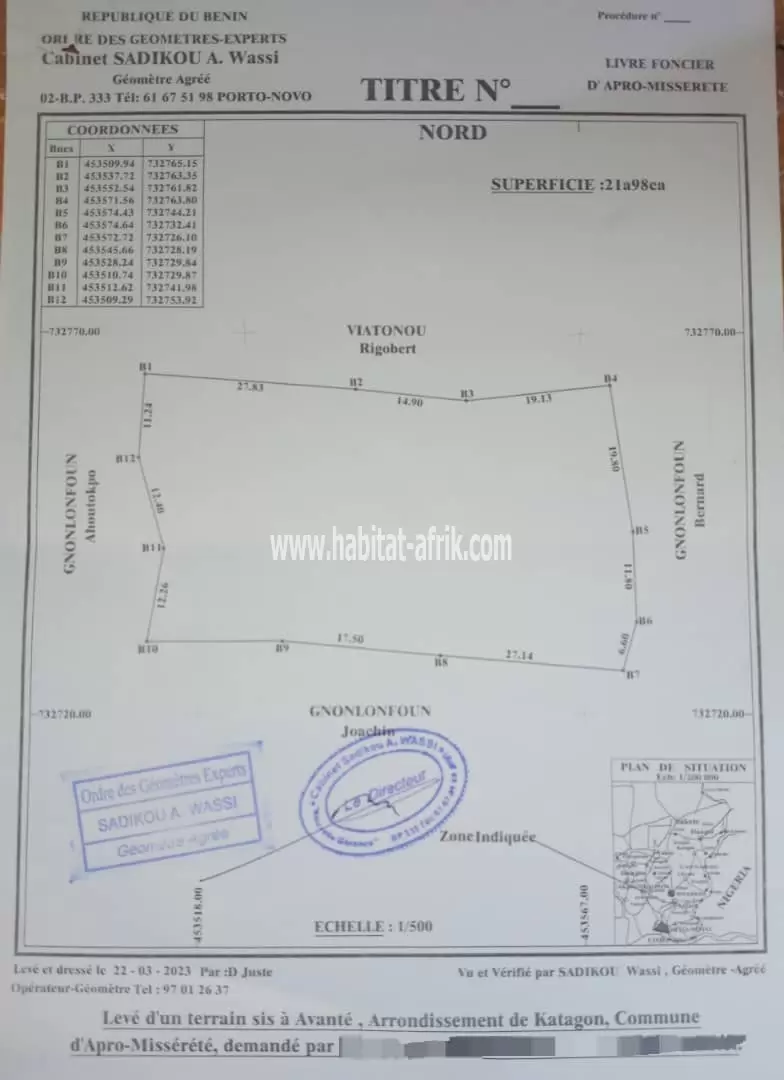 Vente de parcelle à Vanté arrondissement de Katagon, Commune d'Akpro Missrete