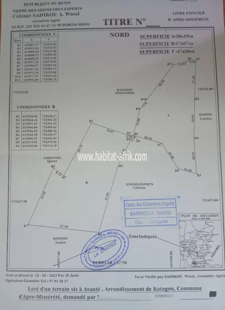 Vente de parcelle à Vanté Arrondissement de Katagon, Commune d'Akpro Missrete
