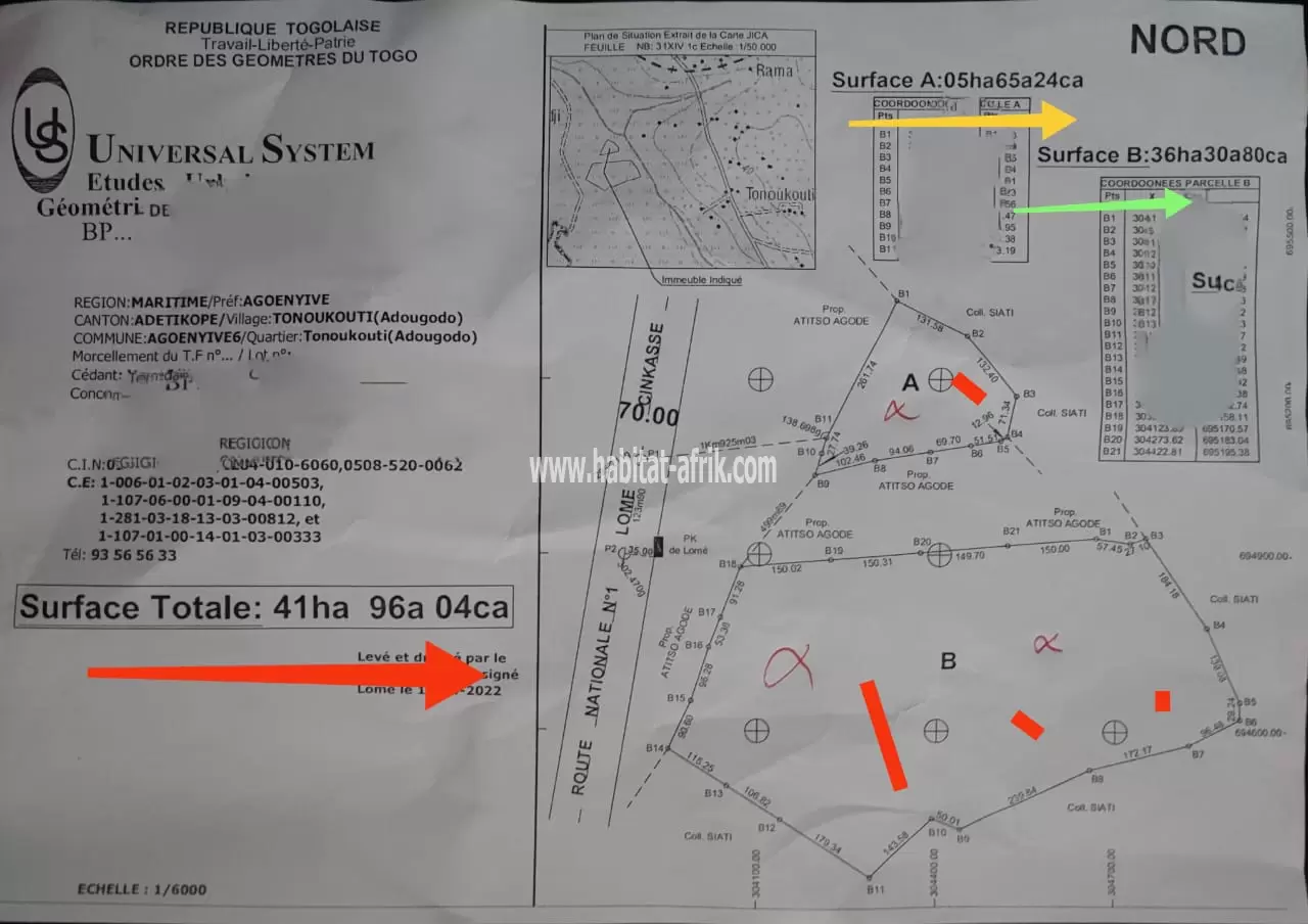 JE METS EN VENTE UNE PARCELLE DE TERRAIN SOIXANTE (60) HECTARES ET QUARANTE-DEUX (42) HECTARES A ADETICOPE VILLAGE TONOUKOUTI LOME TOGO