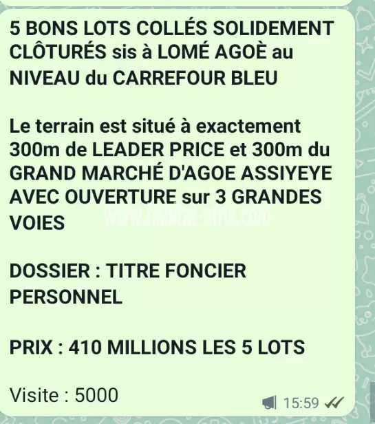 5 BONS LOTS COLLÉS SOLIDEMENT CLÔTURÉS sis à LOMÉ AGOÈ au NIVEAU du CARREFOUR BLEU*