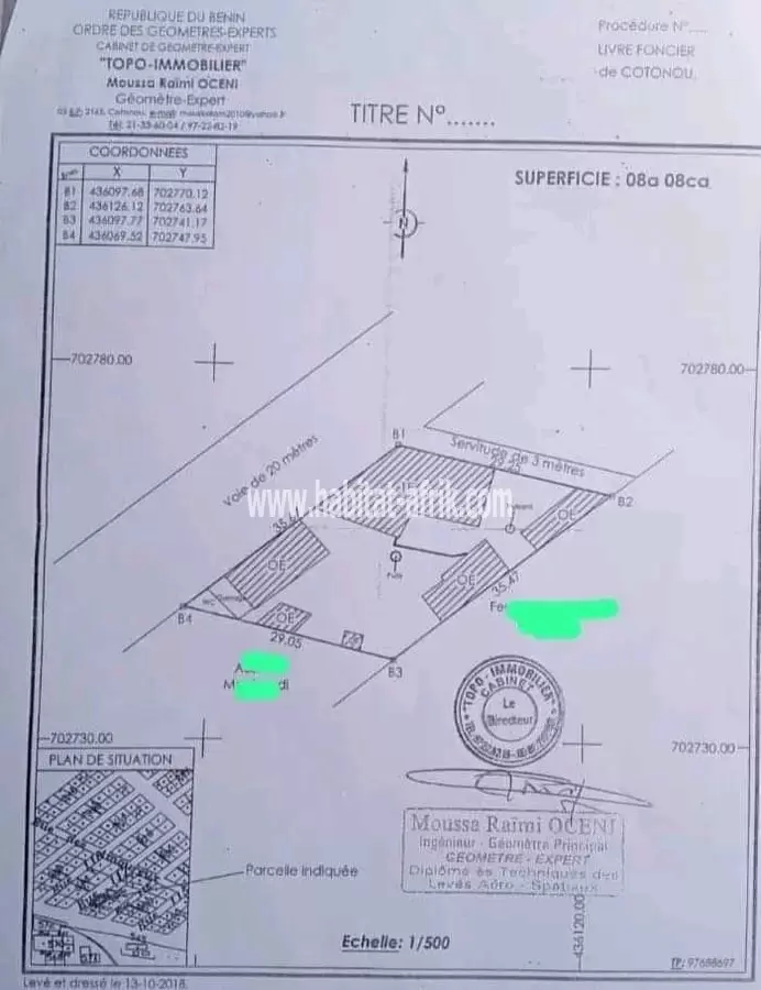 PARCELLE LOTIE ET RECASÉE À VENDRE À COTONOU, ZONE SONEF & RIMBO COMPAGNIE 