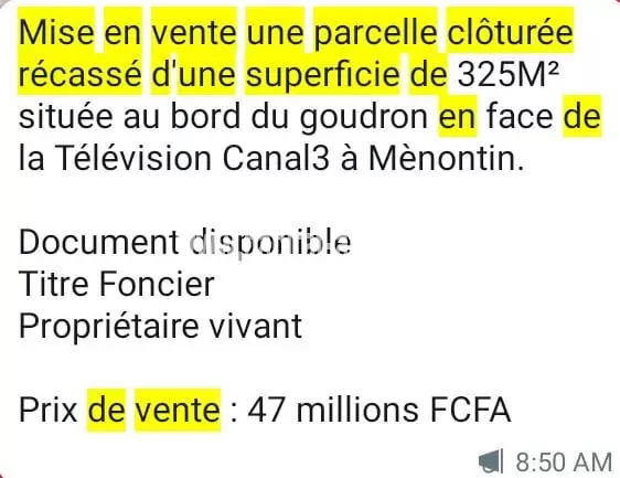 Mise en vente une parcelle clôturée récassé d'une superficie de 325M² située au bord du goudron en face de la Télévision Canal3 à Mènontin. 