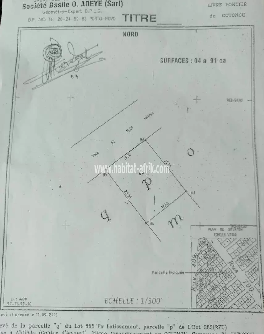 Vente à Cotonou Gbedjromèdé Centre d'accueil, au bord des pavés, 02 parcelles ensemble (o et p)et en angle de rue