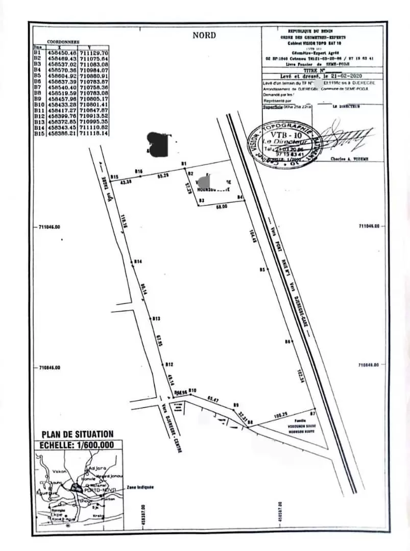 3 HECTARES AVEC TF AU BORD DE LA VOIE DJREGBE- PORTO-NOVO 